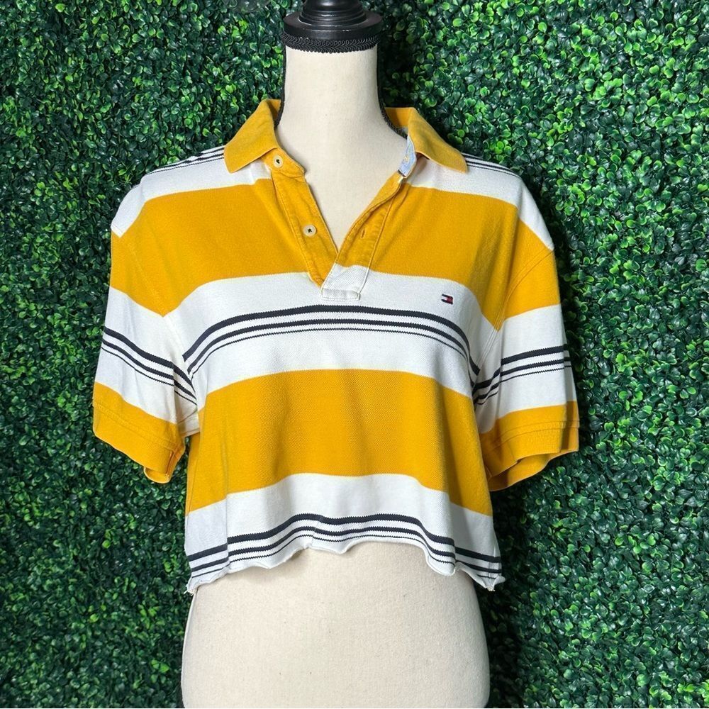 VTG Tommy Hilfiger Cropped Polo Striped Yellow Shirt Sz M